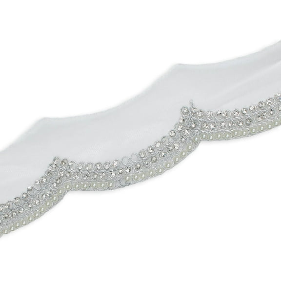 3 Inch Scalloped Regal Rhinestones Beads & Metallic Cording On Polyester Mesh Trim By The Yard For Sewing, Crafts, Decor, Or Upholstery - Silver (1 Yard)