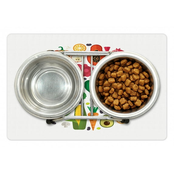 Vegetable Pet Mat for Food and Water, Healthy and Fresh Ingredients in Circle Vegetarian Yummy and Natural Food Theme, Non-Slip Rubber Mat for Dogs and Cats, 18" X 12", by Ambesonne
