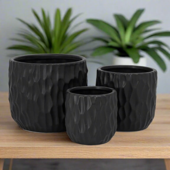 Urban Trends Collection Ceramic Round Pot with Scooped Design Body, Set of 3