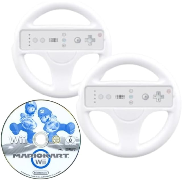 RetroFam 5-in-1 Racing Bundle for Wii & Wii U: 2 Racing Wheels, 2 Remote Controllers for Wii/Wii U & Mario Kart Wii Game (Used) - Complete 2-Player Multiplayer Set - White
