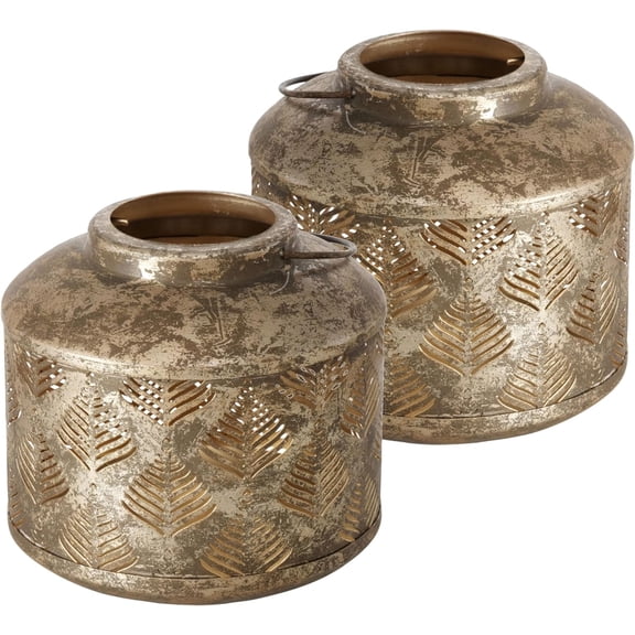 Antique Gold Distressed Iron Tree Pattern Lattice Shabby Chic Lanterns, Set of 2