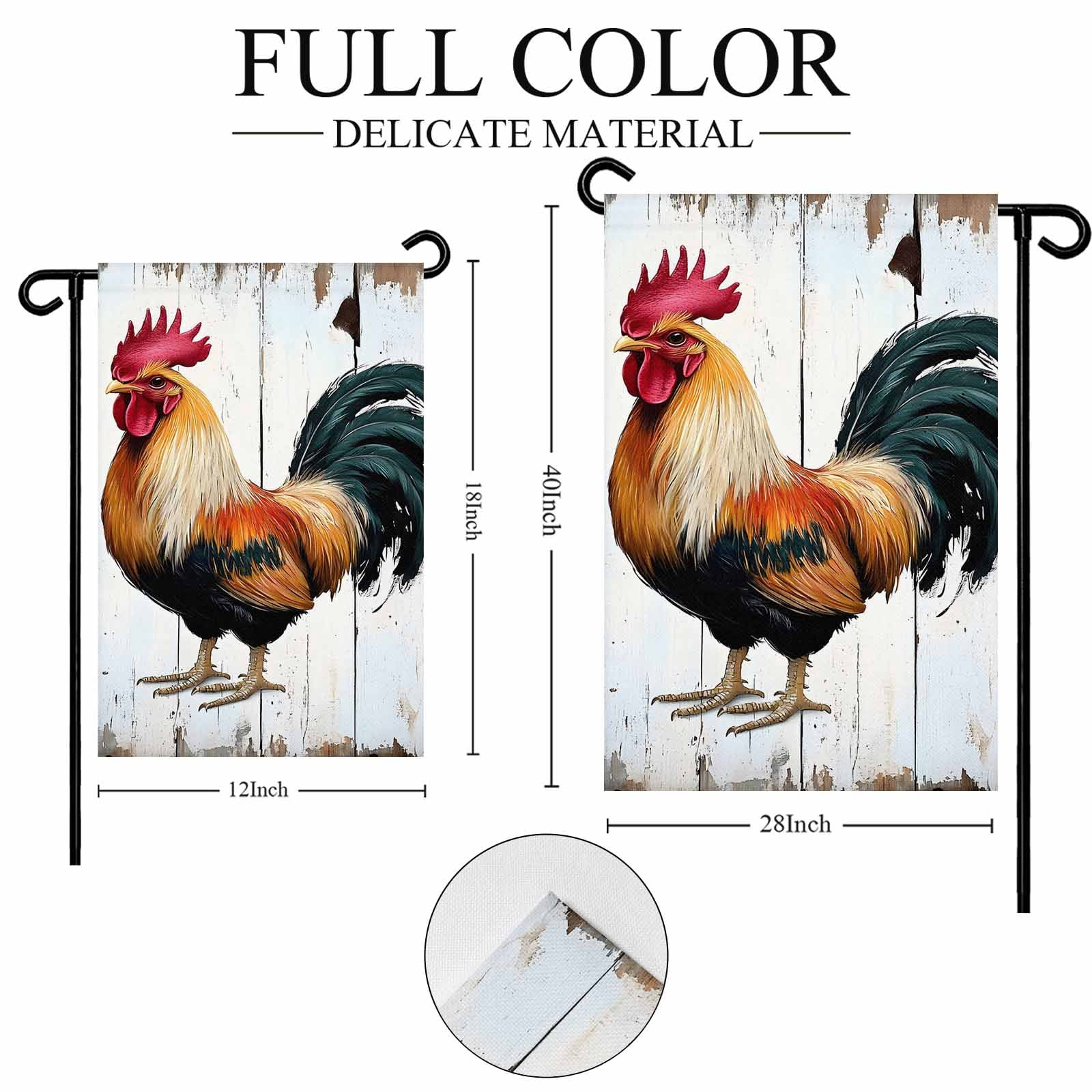Garden Flag Double-Side Printed House Flag Vintage Rooster Yard Flag White Wood Grain Welcome Banner Decor Outdoor Holiday Decorations 28*40in