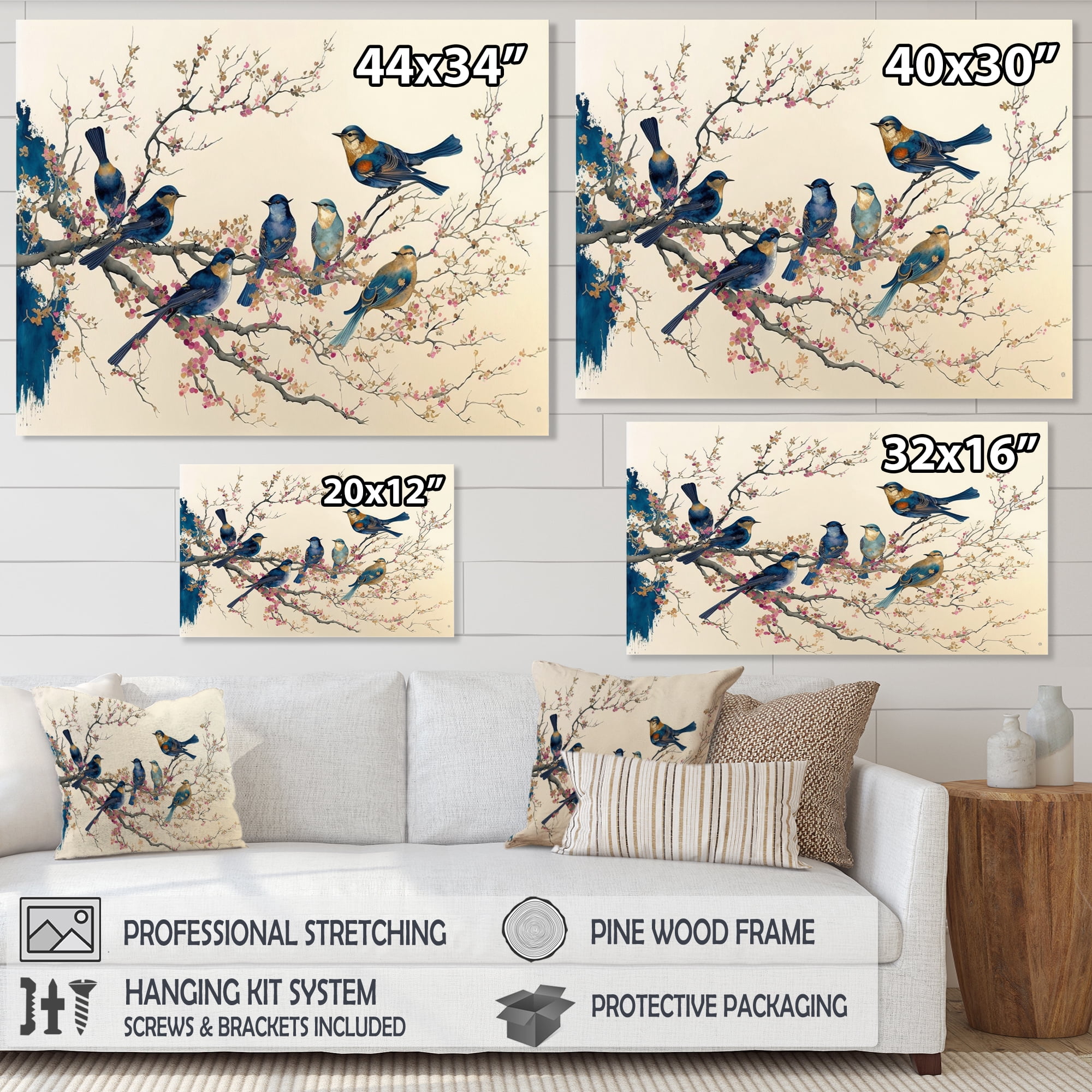 Designart Multicolor Birds On Plum Blossoms Tree VI Canvas Wall Art