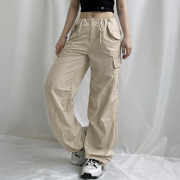 LEEy-World Womens Pants Women's Loose Wide Leg Paper Bag Waist Pants Casual  Solid Elastic Trousers Beige,S 