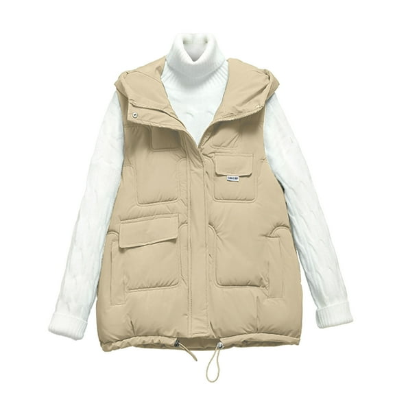 Puffer Vest for Women Casual Solid Color Sleeveless Hooded Warm Drawstring Coat With Pockets