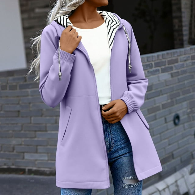 Baberdicy Womens Autumn Winter Solid Color Hoodie Pockets Zipper Mid Long Length Jacket , Level-3 Waterproof Windbreaker, Hooded Rain Jacket, Packable Hiking Shell Light Violet Xl