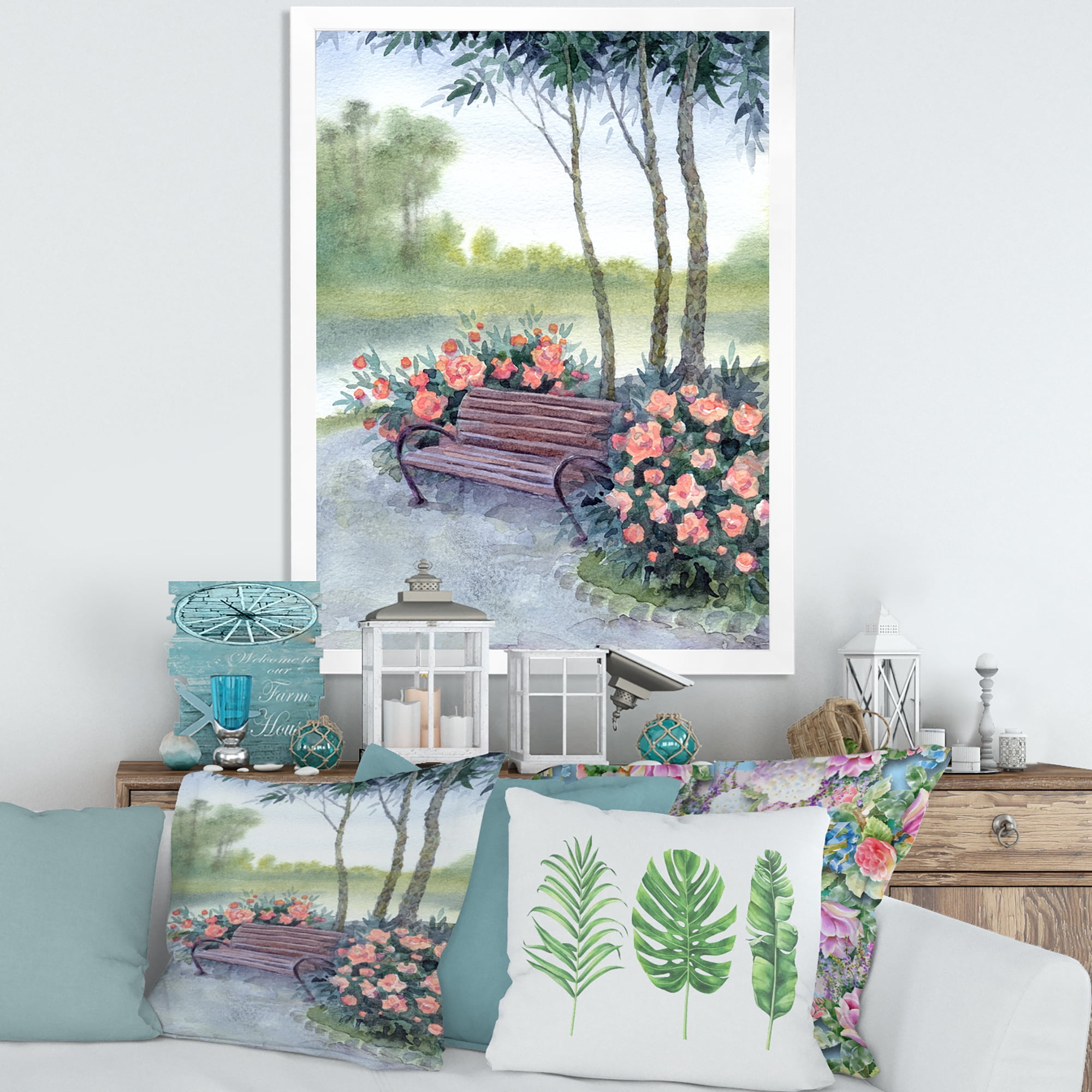 Designart 'Bench In Park By The Pions Flowers Bushes' Traditional Framed Art Print