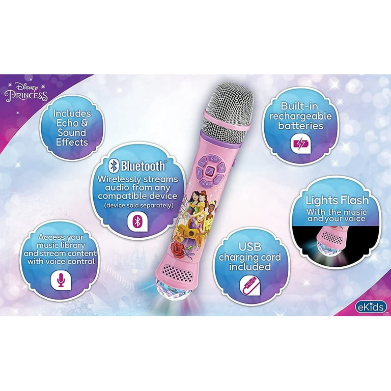 eKids Disney Princess Bluetooth Karaoke Microphone with LED Light Show,  Wireless Microphone for Kids and Fans of Disney Princess Toys and Gifts