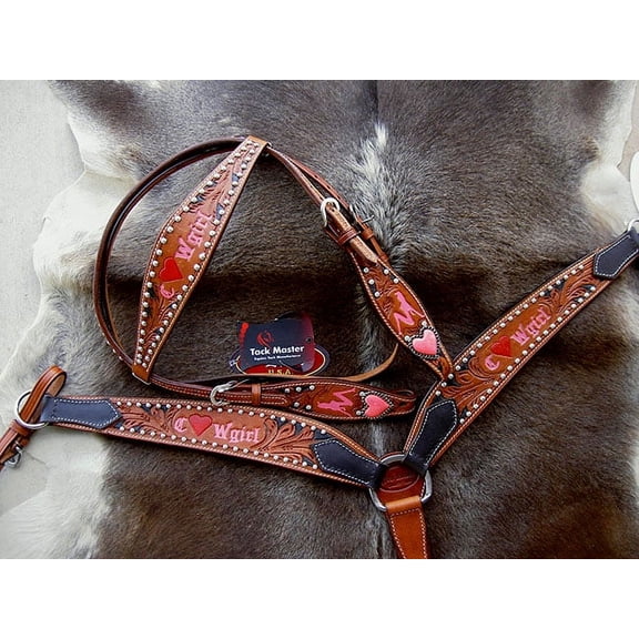 Horse Western Riding Leather Bridle Headstall Breast Collar Tack Pink 7647