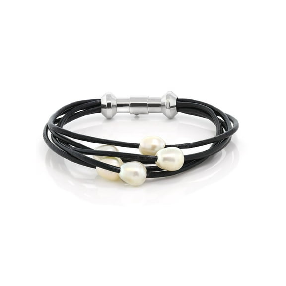 Gem Stone King Cultured Freshwater Pearl 2 Beads Steel Magnetic Clasp Leather Bracelet