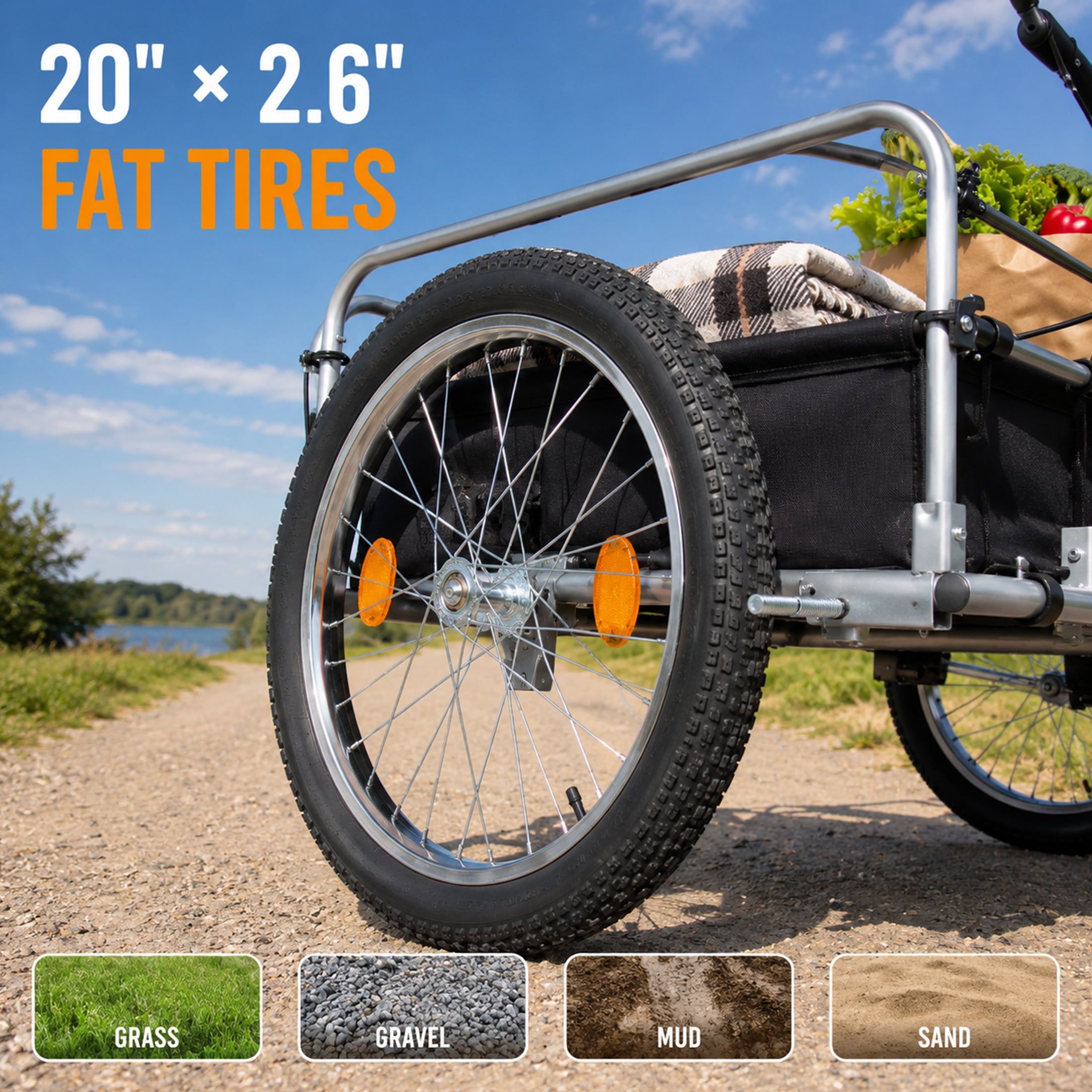 3-in-1 Heavy-Duty Bike Cargo Trailer with 20" Fat Tires, 150lbs Capacity Steel Frame Utility Wagon, Convertible Stroller and Pull Cart with Suspension and Safety Handbrake for Camping and Groceries