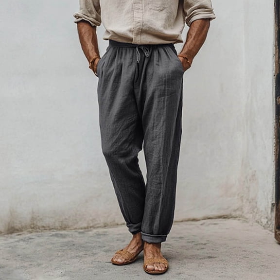 Royisotas Mens Elastic Waist Pants Winter Big and Tall Linen Casual Cotton Pants for Men with Pockets