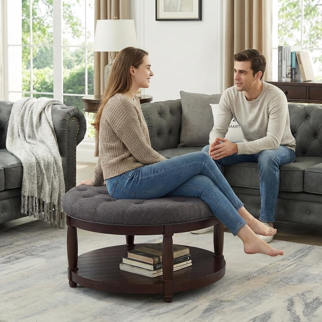 ODUWA Coffee Table Ottoman with Storage Shelf, Tufted Upholstered Footrest Stool, Solid Wood Base Accent Table for Living Room