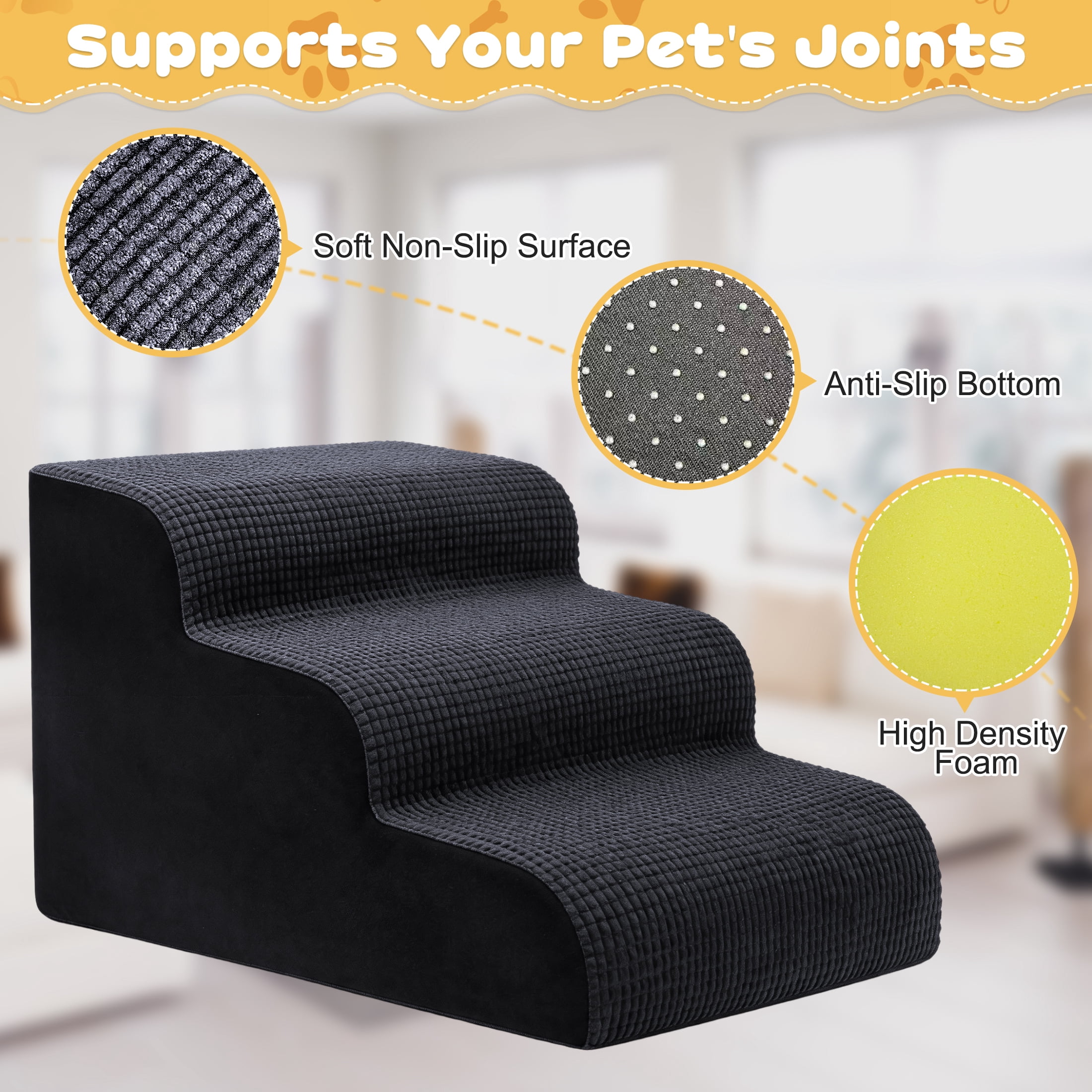 Pet Stairs, 3 Step High Density Foam Dog Steps for Small Dogs & Cats, Non Slip Pet Ramp with Removable Cover, Dog Stairs for Couch, Bed, Sofa