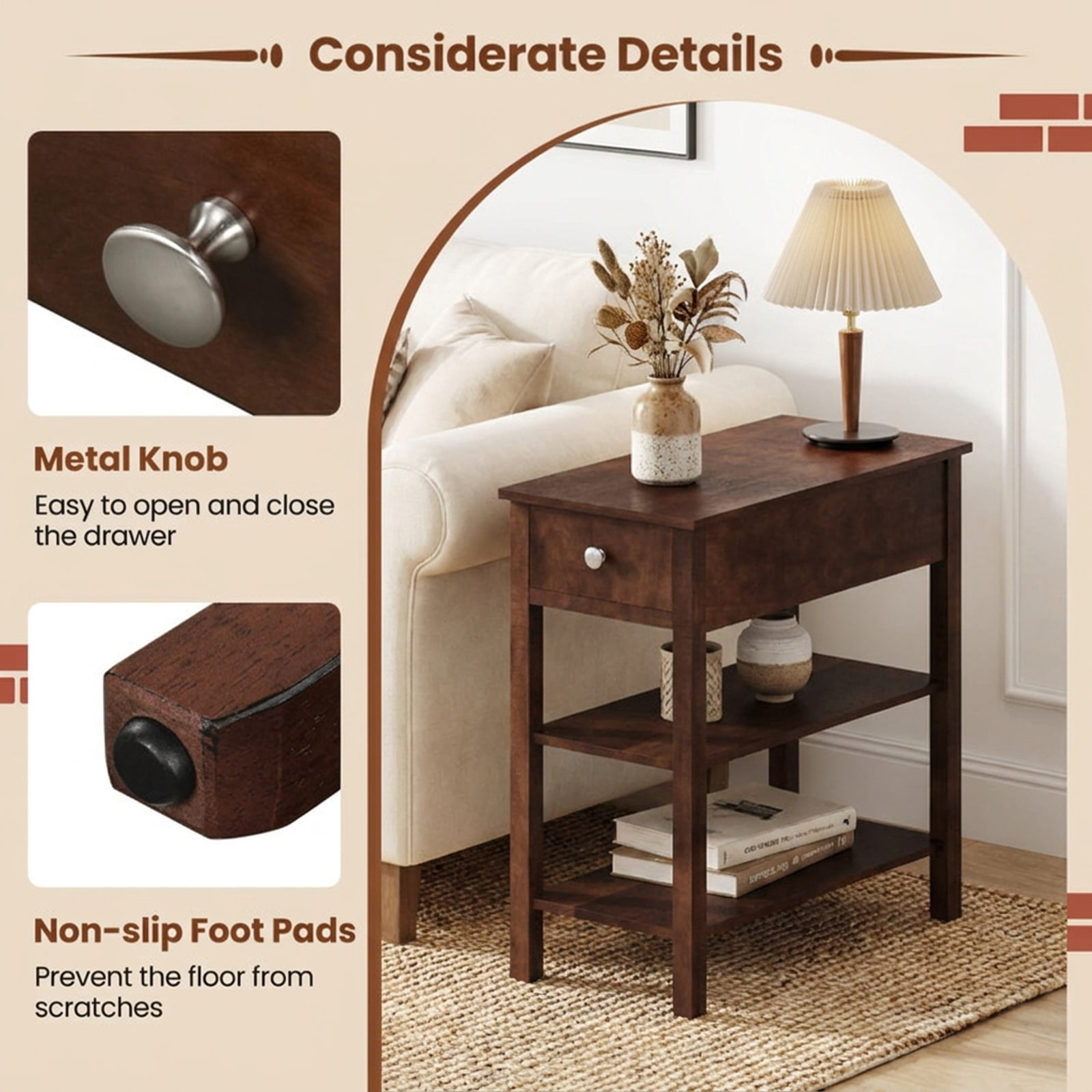 Furnibear 3 Tier Narrow End Table with Pull Out Drawer and Open Storage Shelves and Solid Rubber Wood Legs for Living Room and Bedroom, Walnut