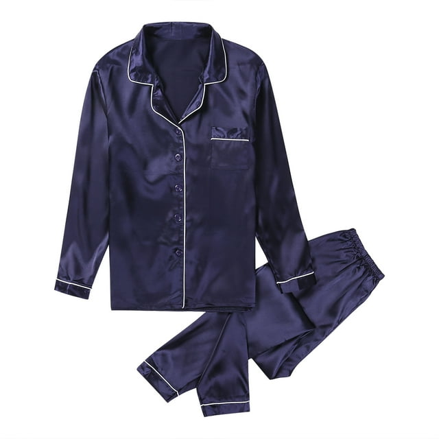 Women Silk Satin Pajamas Set Two-Piece Long Sleeve Long Button-Down Solid Color Sleepwear Loungewear