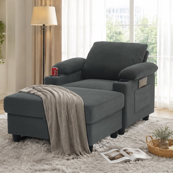 GDF Studio Abriel Accent Chair with Storage Ottoman, USB Ports & Cup Holders, Versatile Chaise Lounge, Dark Gray