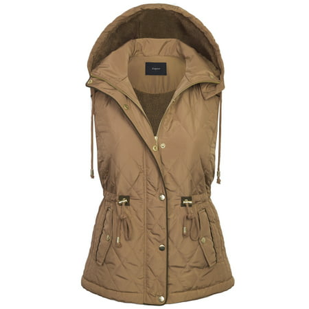 KOGMO Womens Fur Lined Lightweight Zip Up Quilted Vest with Detachable Hood