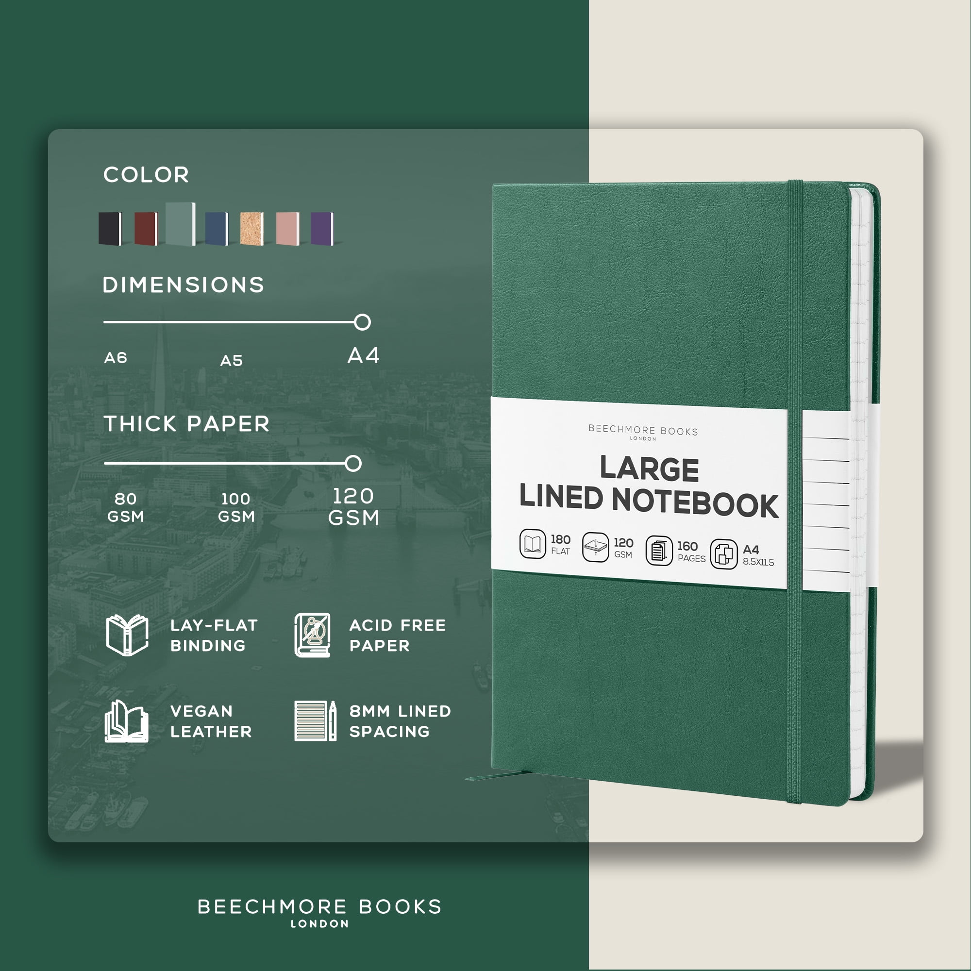 BEECHMORE BOOKS Lined Journal Notebook, 8.5 x 11.5 inch, A4 160 Lined Pages, Hardcover Leather Journals for Women, Men, Writing and Notebooks for Work - 120 GSM Thick Paper, Gifts Box Included
