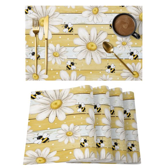 White Daisy Farmhouse Placemats Set of 4 Garden Floral Bees Yellow Wooden Place Mats Indoor Wipeable Table Mats Washable Cloth Dining Table Placemats for Kitchen Holiday Party Home Decor 13x19 Inch