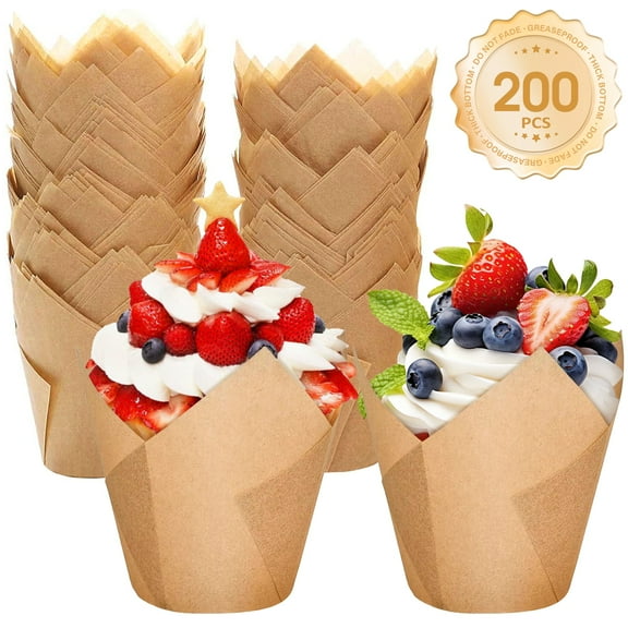 GSSKIME Tulip Cupcake Liners, 200Pcs Natural Muffin Liners for Baking, Unbleached Parchment Paper Cups Cupcake Wrappers, Greaseproof, Brown