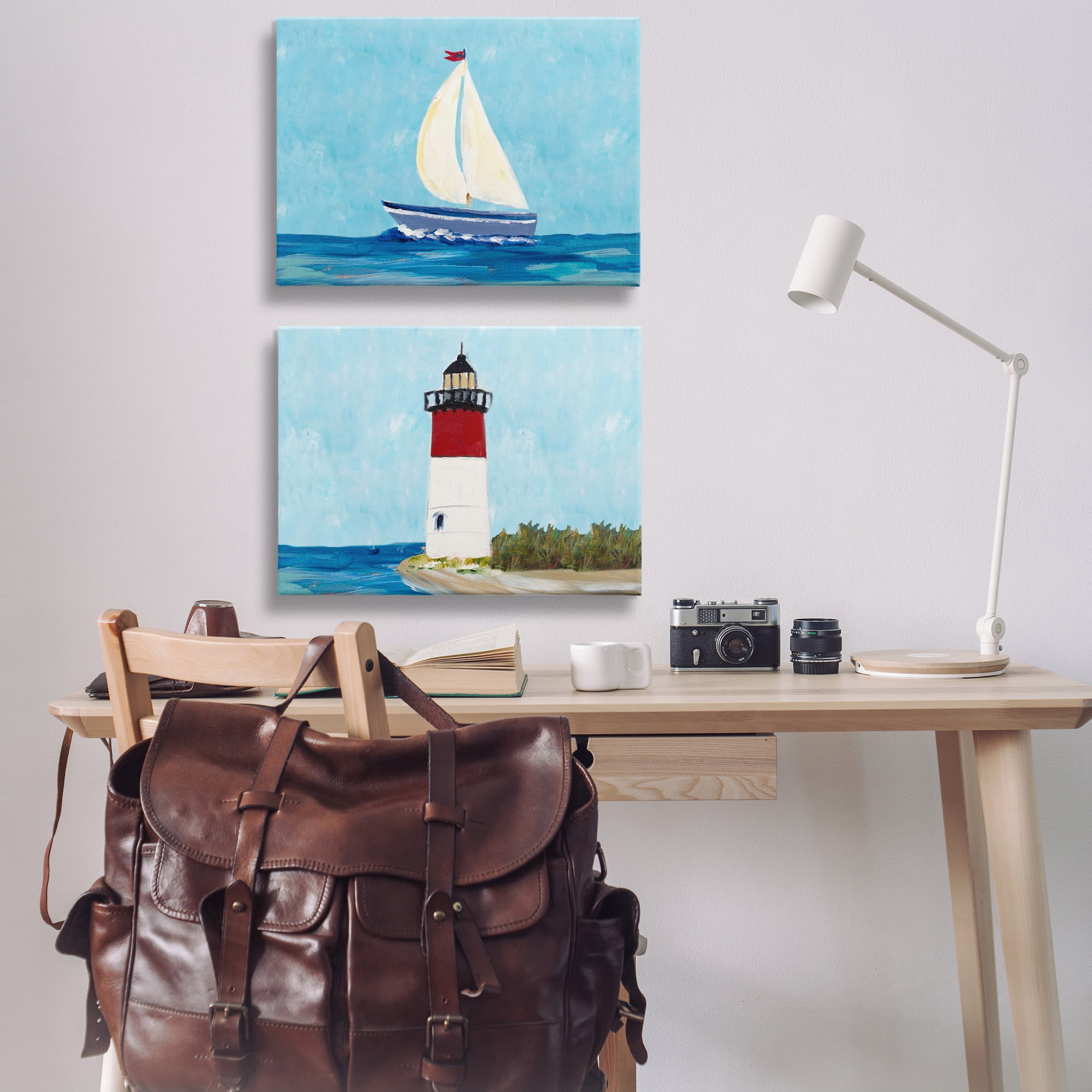 Stupell Industries Nautical Sail the Sea Lighthouse Nautical & Beach Painting Wrapped Canvas Art Print Wall Art, 30 x 20, Set of 2