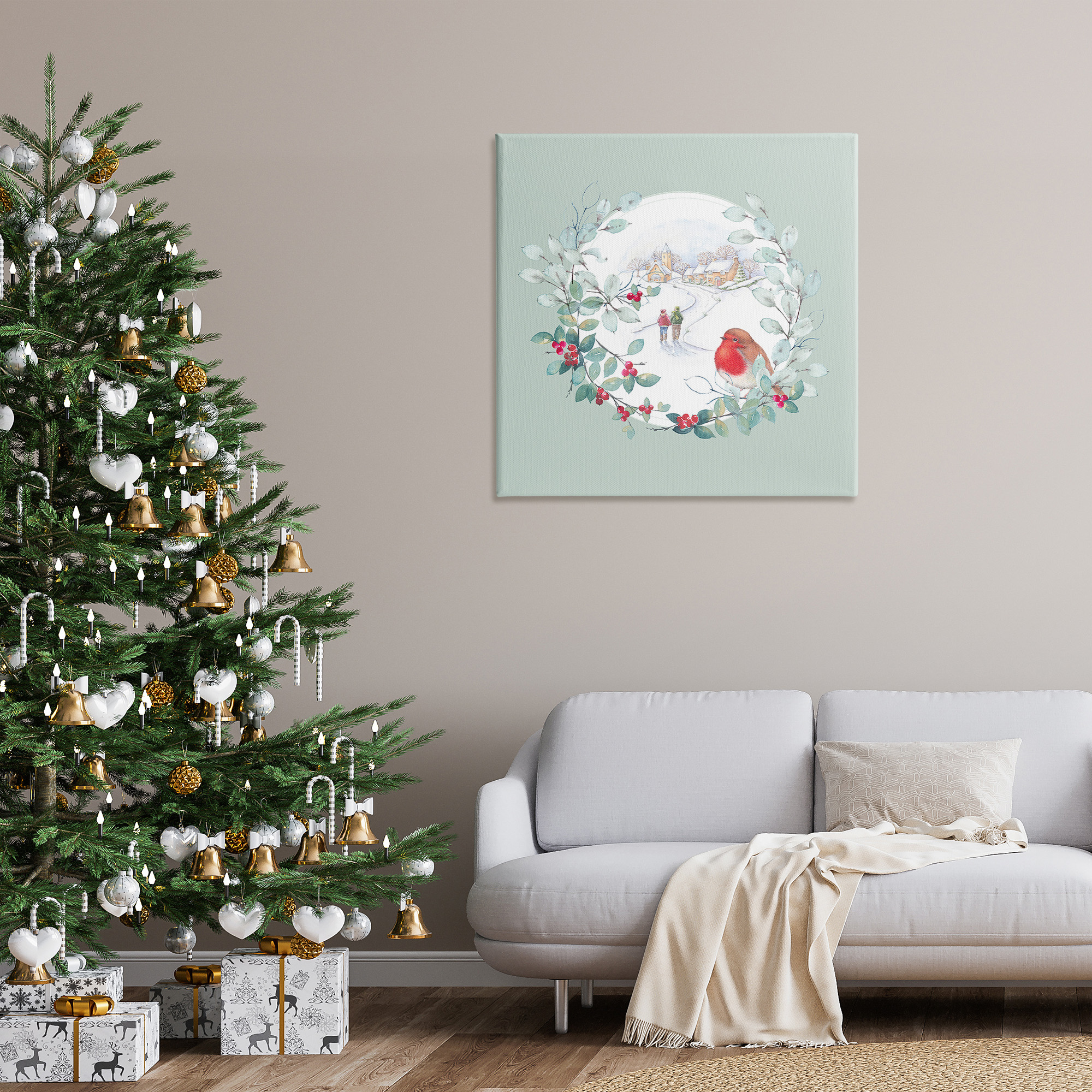 Stupell Industries Winter Scene with Border Holiday Painting Gallery Wrapped Canvas Art Print Wall Art, 36 x 36