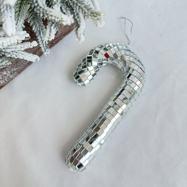 Adorno navideño en forma de bastón | Colgante artesanal de vidrio y espejo de espuma | Decoración festiva para el árbol de Navidad, el hogar y la chimenea | Decoración navideña estilo bastón de nieve