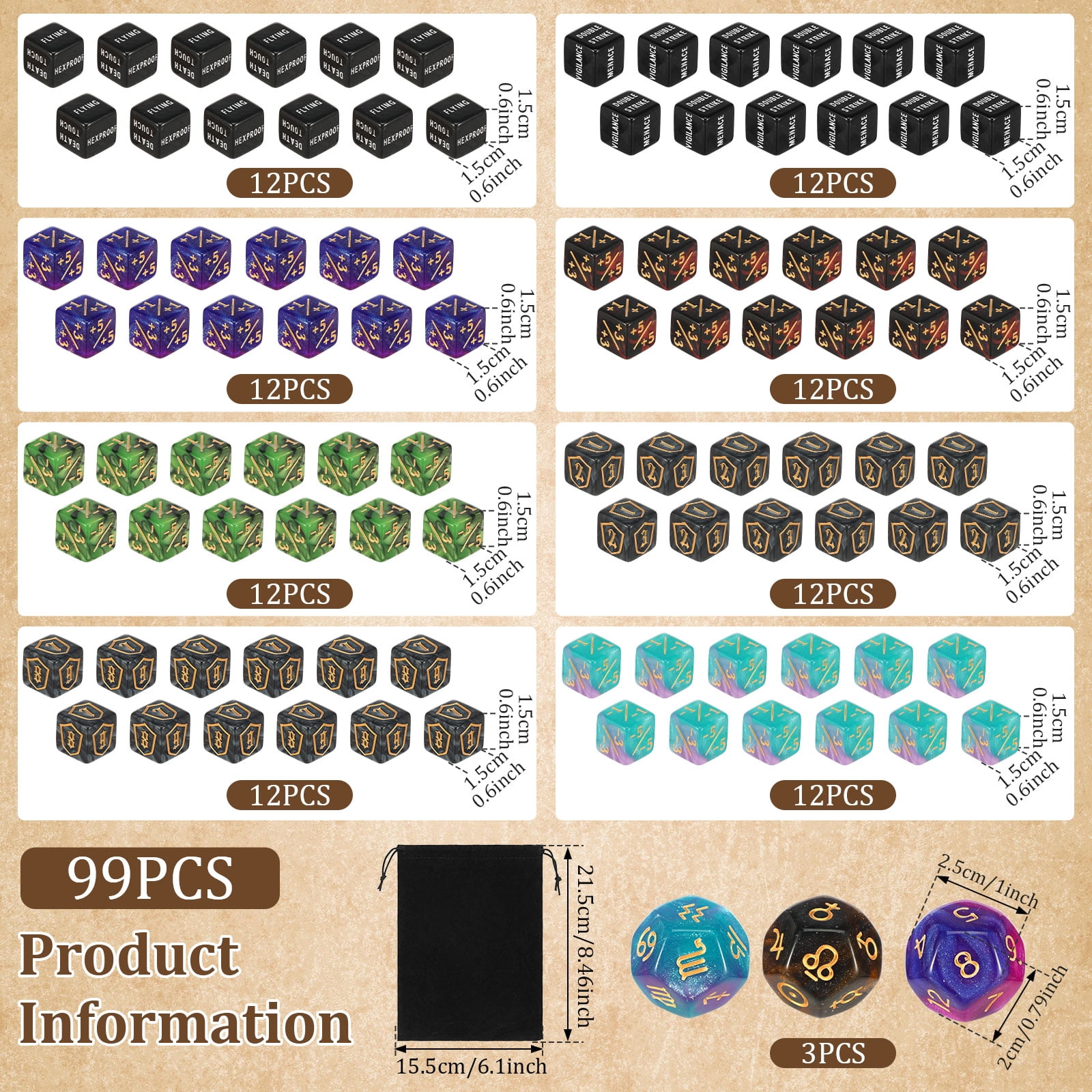 Threns 99 Pcs MTG Dice Counters Bulk Life Keyword Counter Dice Set Plus -1/+1 Buff Ability Tokens for MTG,TCG,Cards Gaming Accessories