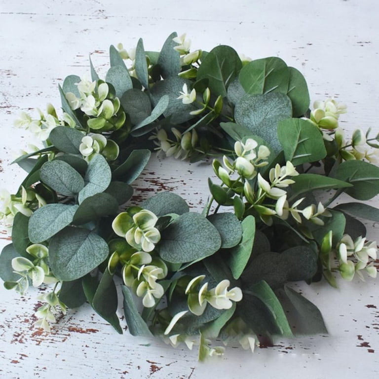 CEWOR 15 Inch Artificial Boxwood Wreath With Plaid Bow - Faux Greenery For Door, Wall, Farmhouse Decor