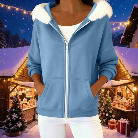 ClodeEU Women s Faux Fur Hooded Jackets With Pockets Long Sleeve Drop Shoulder Zip Sweatshirt Light Blue Womens Plus S