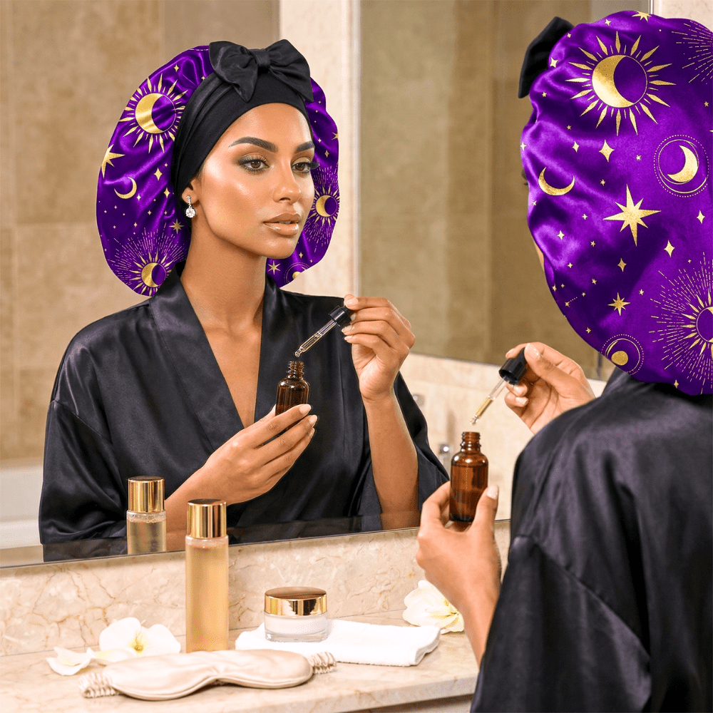 Prince Hair Company Large Silk Infused Satin Bonnet, Reversible Celestial Sleep Cap for Long Hair