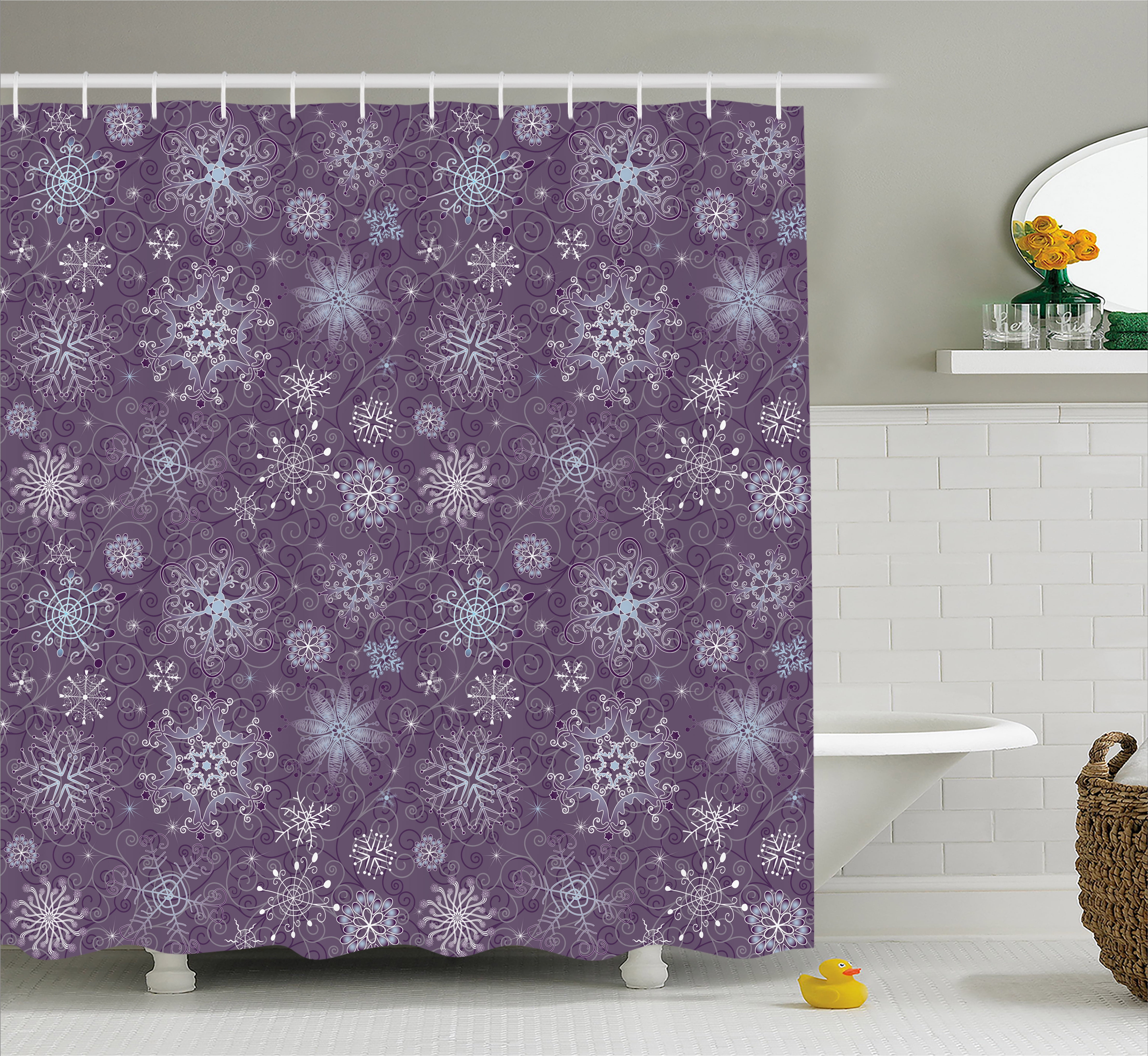 Eggplant Shower Curtain Inspired Cute Flowers Snowflakes And Swirls In A Violet Delicate Environment Fabric Bathroom Set With Hooks