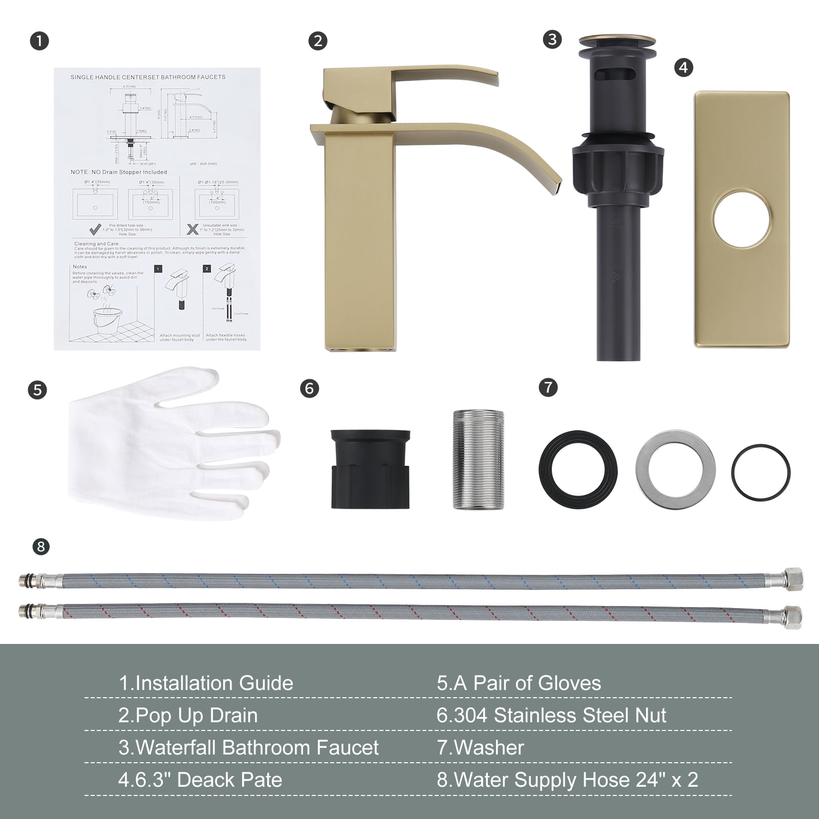 Wowow Waterfall Bathroom Faucet Gold Faucet for Bathroom Sink Single Handle Mixer Tap Lavatory Vanity Faucet with Deck Plate and Pop Up Drain, 1 or 3 Hole