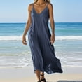 thumbnail image 3 of Efsteb Casual Summer Dresses for Women V-Neck Cotton Linen Spaghetti Strap Dress Summer Sundresses Solid Color Comfy Sleeveless Beach Vacation Dresses (Navy,XL), 3 of 6