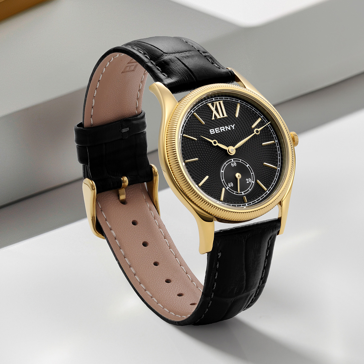 BERNY Watches for Men, Ultra-Thin Minimalist Leather Watch, Stainless Steel Case, Waterproof Analog Quartz Watch, Business Dress Watches with Small Seconds (Black)