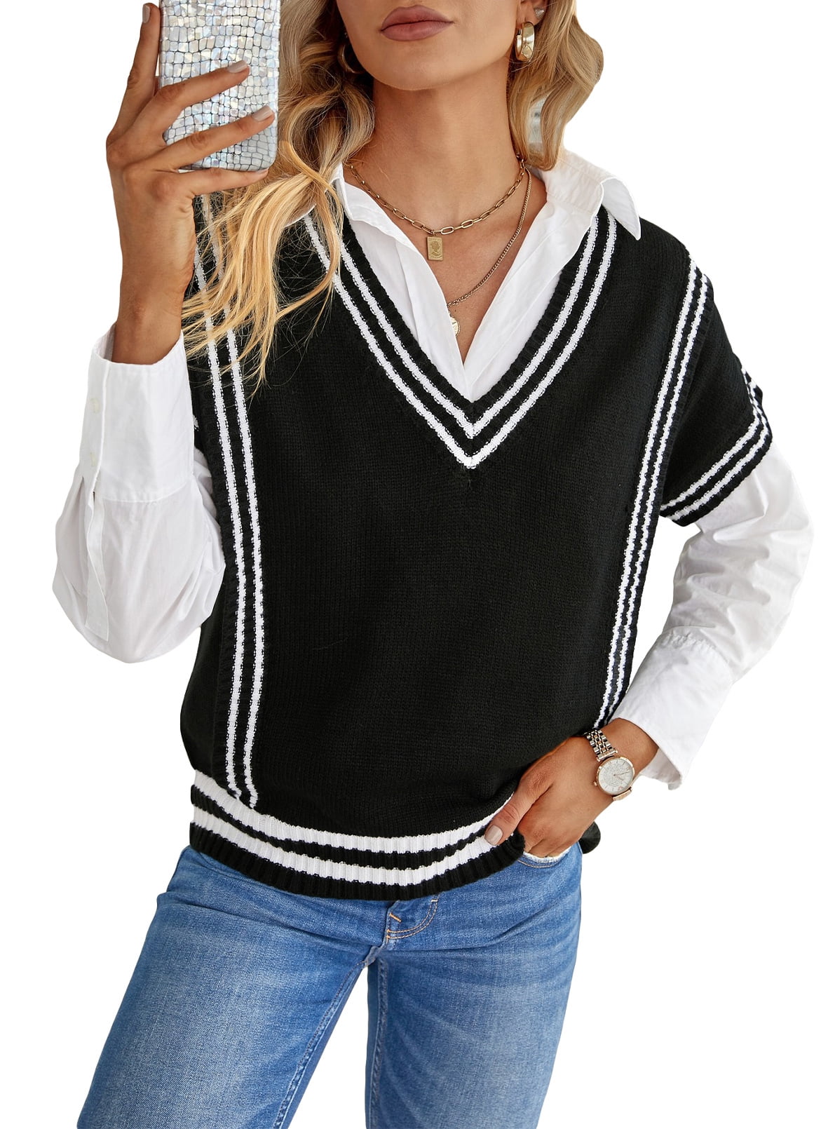 Dokotoo Women's Black Sweater Vest Oversized V Neck Short Sleeve Sweaters Cable Knit Tops Loose Pullover Knitted Top for Women, US 4-6(s), Size: Small