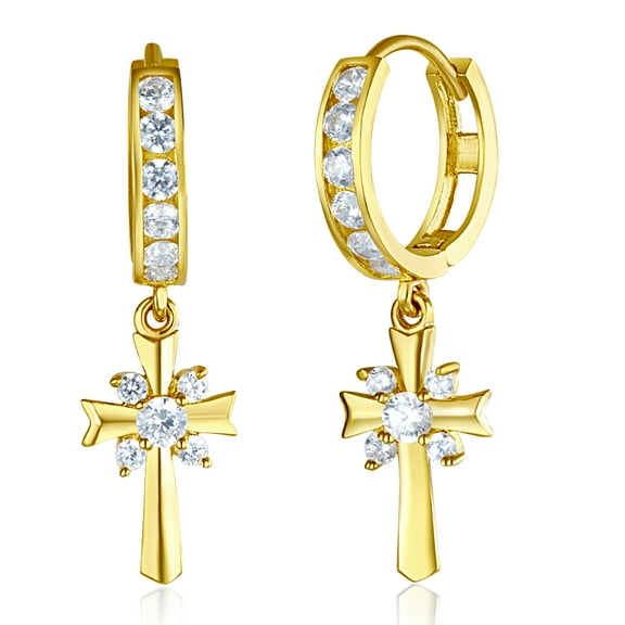 Wellingsale Ladies 14k Yellow Gold Polished Fancy Huggies Dangle Hanging Drop Cross Earrings (8 X 31mm)