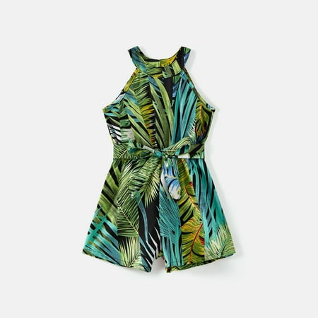 

PatPat Mommy and Me Allover Plant Print Halter Belted Rompers