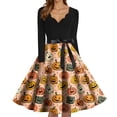 thumbnail image 4 of WTOBBY Women's Retro Halloween Printed Dress Featuring V-Neckline, Slim Casual Design, Long Sleeves, and Comfortable Fit for Party Wear ,Pink 5XL, 4 of 5