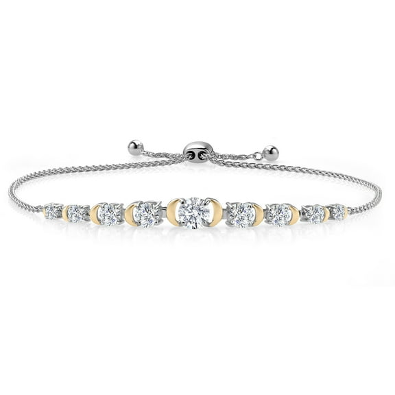 Gem Stone King Round Lab Grown Diamond 1.70 Cttw Graduated Bracelet for Women | 925 Silver and 10K Yellow Gold | DEF Color | VVS-VS Clarity | Adjustable Bolo Bracelet | Easy-On Easy-Off