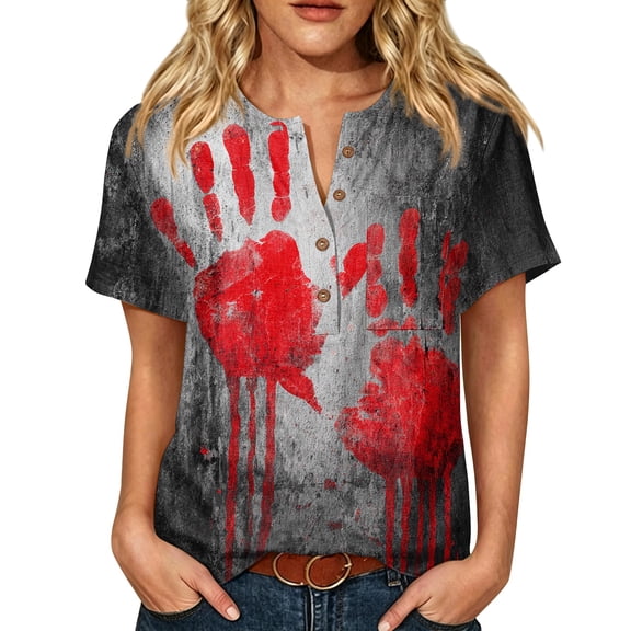 Women’s Halloween Handprint Graphic Henley Button Neck Short Sleeve Cotton Linen Shirt with Chest Pocket Casual Fit