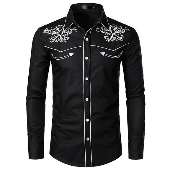 IROINNID Button Down Shirts for Men Autumn Winter Embroidery Pullover Long Sleeved T-shirt Top Blouse,Black