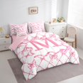 thumbnail image 3 of Manfei Kawaii Bowknot 7pcs Bedding Comforter Set,Letter Personalized Queen Bedding Sets Super Cozy,Geometric Grid Queen Sheet Sets,Ultra Soft Teens Bedroom Decor,Reversible, 3 of 7