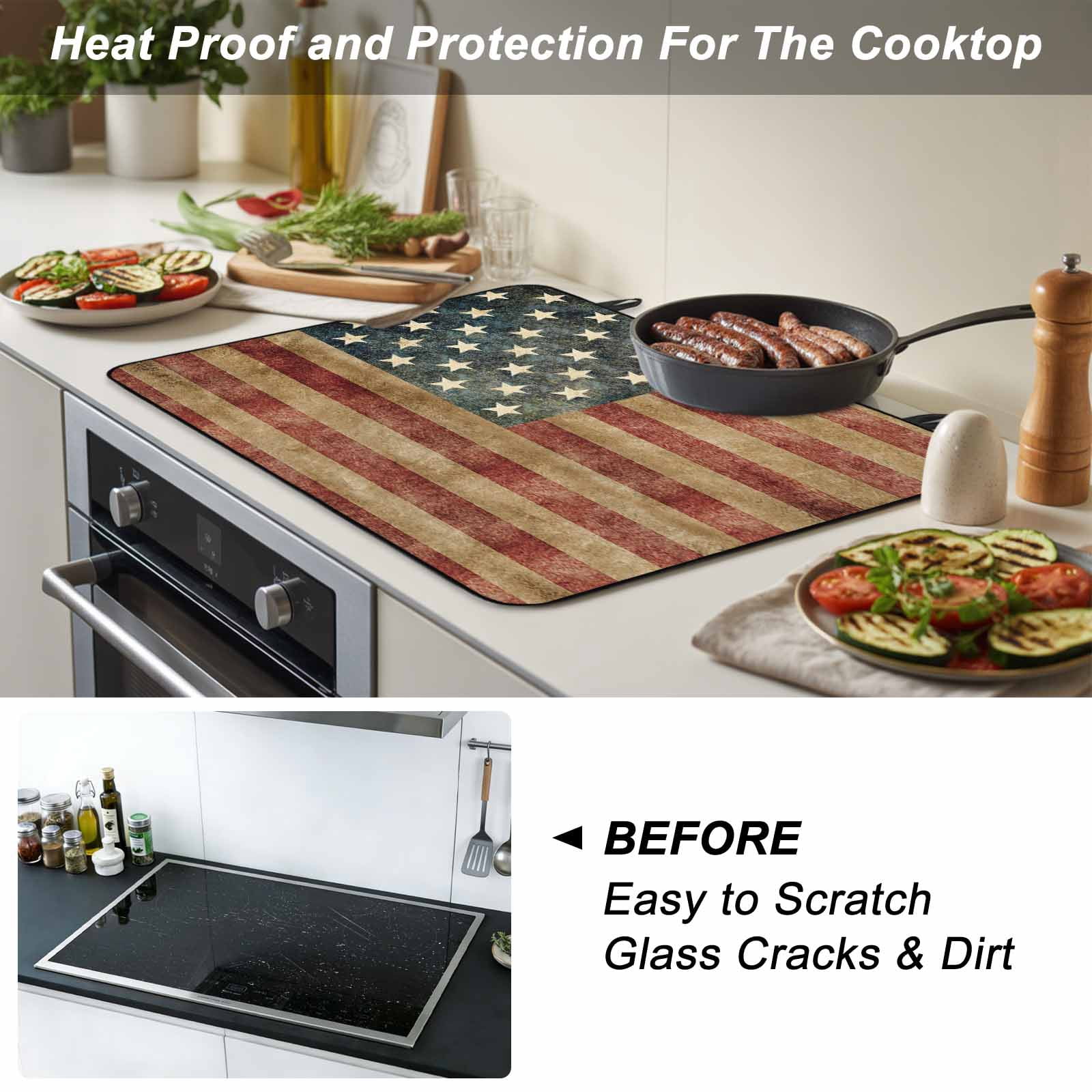Retro American Flag Stove Top Cover for Electric Stove, Heat-proof & Non Slip Glass Top Stove Cover Protector, Vintage US Flag Red Striped Kitchen Flat Cooktop Rubber Mat 24x21 Inches