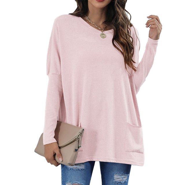 Camiseta de mujer de manga larga con cuello redondo y bolsillos, color rosa claro, cómoda e informal, talla XL