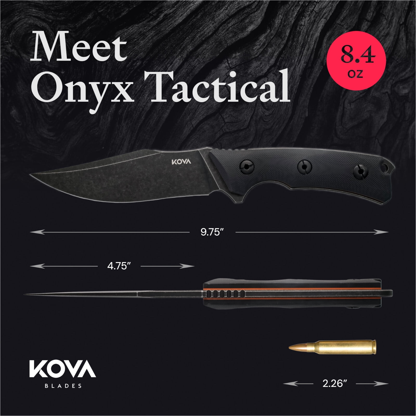 Kova Onyx Tactical Fixed Blade Knife – 4.75″ Stainless Steel Tanto Blade, G10 Handle, Kydex Sheath – Survival & Outdoor Knife – 9.75″ Overall