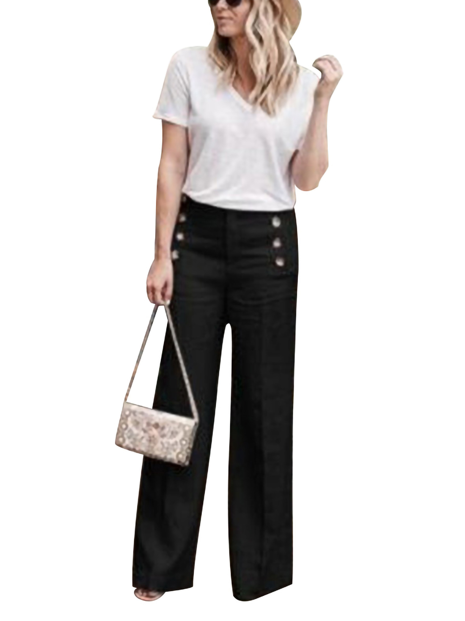 HIMONE Women Casual Solid Button Palazzo Pants Loose Wide Leg Pants Trousers High Waist Flare Pants OL Business Pants - image 1 of 4