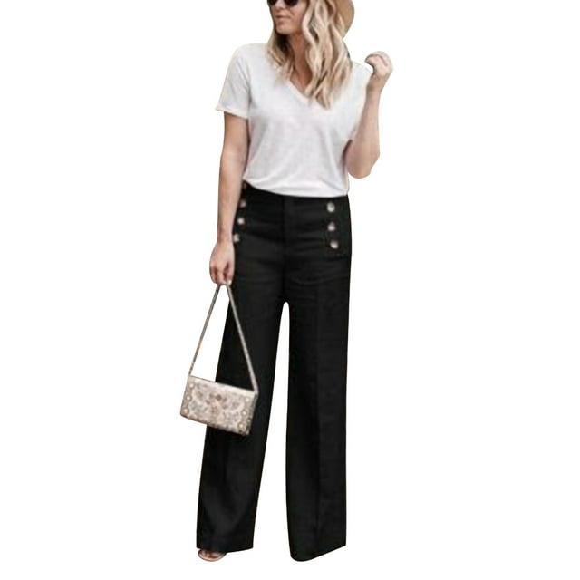 HIMONE Women Casual Solid Button Palazzo Pants Loose Wide Leg Pants Trousers High Waist Flare Pants OL Business Pants