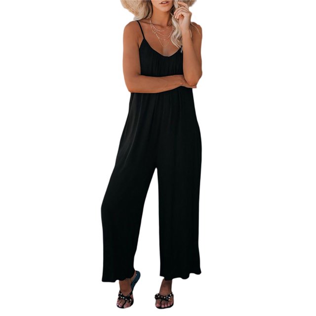 Mono Para Mujer Cuello Barco Sin Mangas Sling Playsuits Pantalones De Pierna Ancha De Una Pieza XBTCLXEBCO Negro;XXL